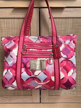 COACH Poppy Op Art Kaleidoscope Pink Purple Glam Tote Shoulder Bag Handbag 14747